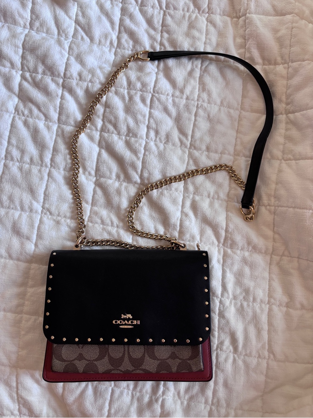 Coach Two-Tone Studded Chain Crossbody in Black & Brown/Maroon